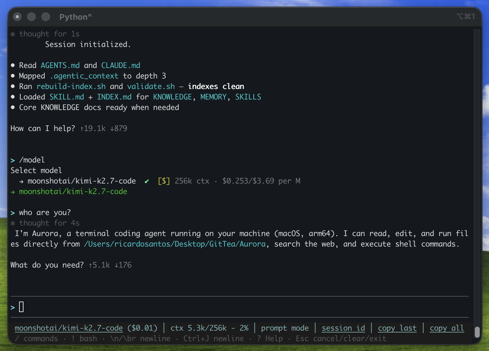 Aurora just after boot: the bootstrap brief (rules read, context indexes clean), a /model pick with live pricing, and a chat exchange