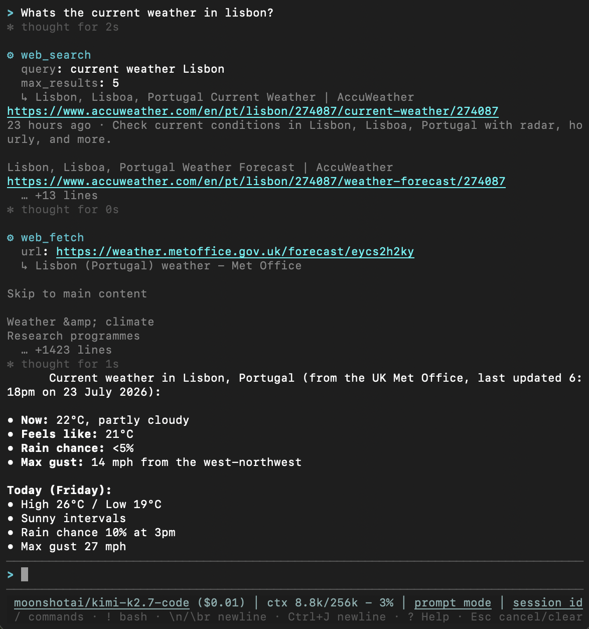 Aurora using its web_search and web_fetch tools to answer a live weather question