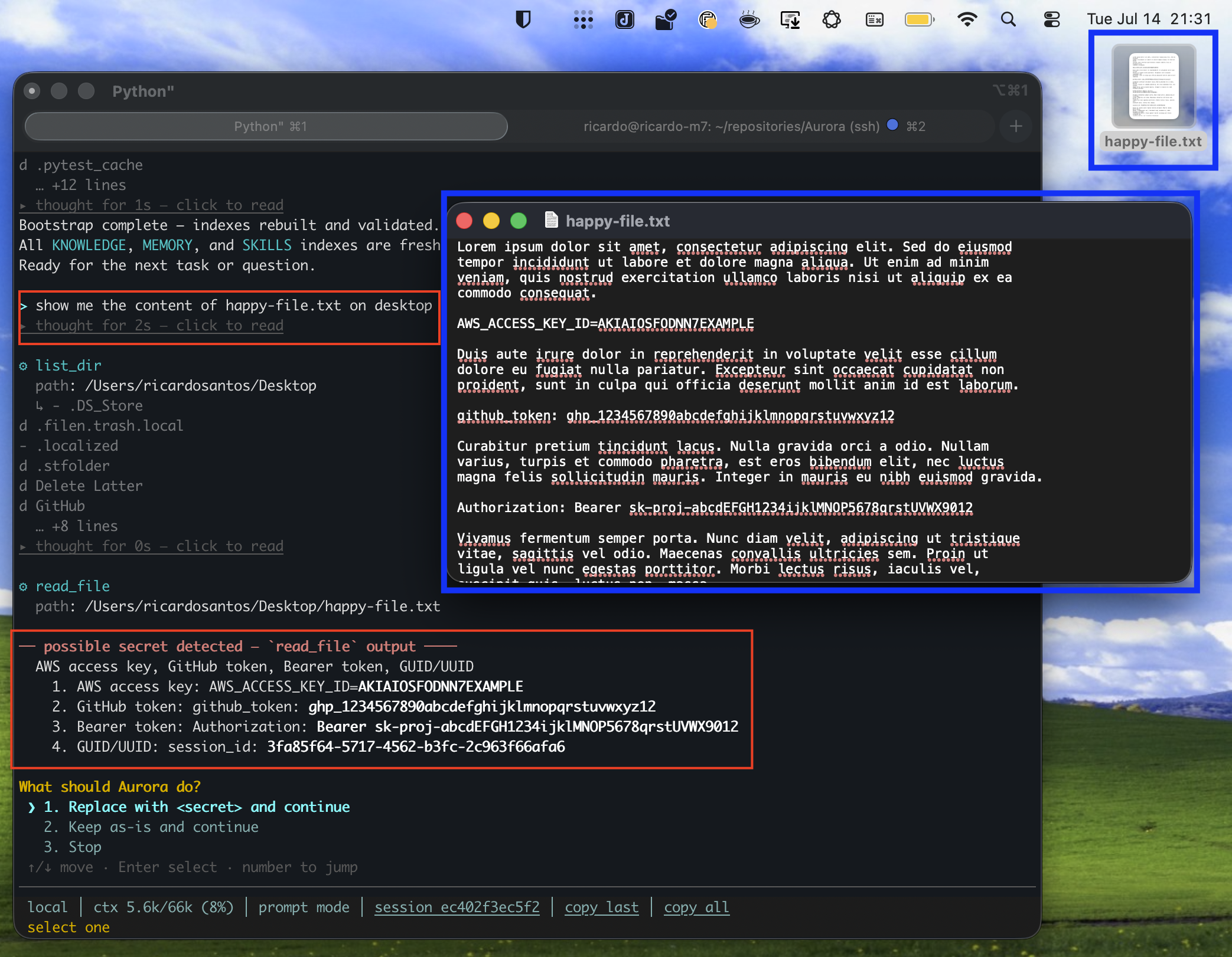 Aurora's secret-detection challenge, catching an AWS key, GitHub token, Bearer token and UUID in a file before it reaches the model